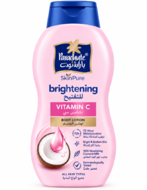 Pink Parachute SkinPure Vitamin C brightening body lotion bottle with blue cap and coconut image on label, all-skin-types.