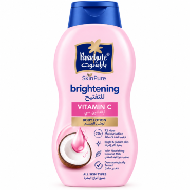 Pink Parachute SkinPure Vitamin C brightening body lotion bottle with blue cap and coconut image on label, all-skin-types.