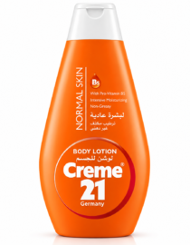 Orange bottle of Creme 21 body lotion with white cap, labeled 'Germany' and Arabic text on the front (informative product image).