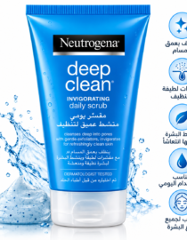 Blue Neutrogena Deep Clean daily scrub tube with water splash around it, emphasizing deep pore cleansing.