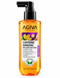 Orange glass bottle with black pump labeled AGIVA Caffeine Ginseng Pro Care Hair Tonic, 200 ml, for hair loss prevention.