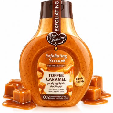 Bottle of toffee caramel exfoliating scrub for face and body, amber gel with caramel chunks and label showing 'Exfoliating Scrub' and 'Toffee Caramel'