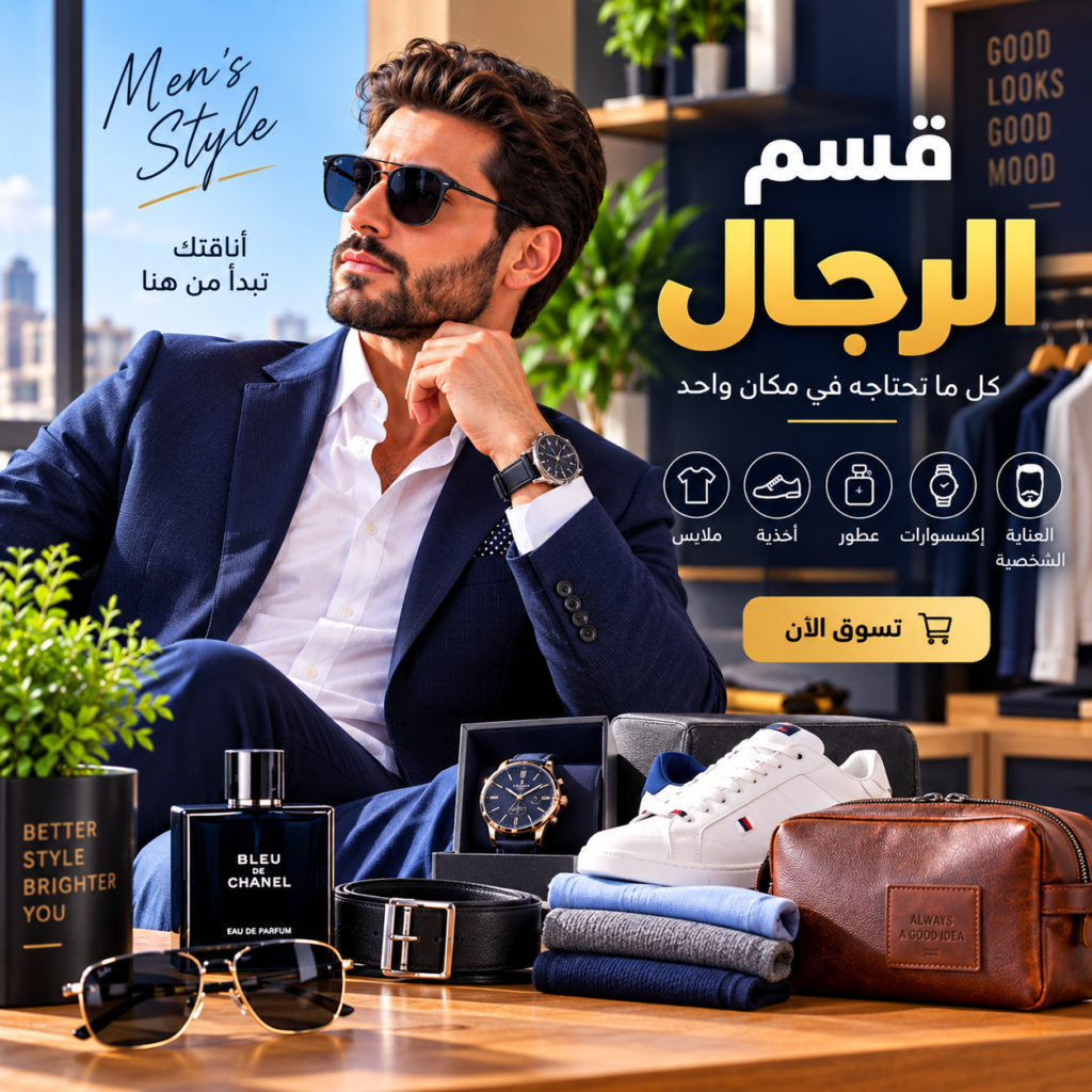 Man in a navy suit and sunglasses sits in a stylish men’s fashion store, with watches, shoes and accessories on display to the side.