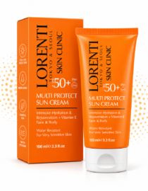 Orange sunscreen box and tube labeled 'Multi Protect Sun Cream' SPF 50+ (PA++) with 100 ml, branding on white background.