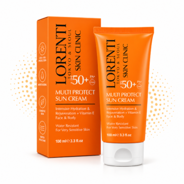 Orange sunscreen box and tube labeled 'Multi Protect Sun Cream' SPF 50+ (PA++) with 100 ml, branding on white background.