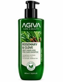 file_0000000024d082438518b06fe97c25e9 - المول الشامل في الاردن Green bottle of AGIVA Rosemary & Clove Anti-Hair-Loss Shampoo with pump dispenser on white background, label shows rosemary, clove, and product claims