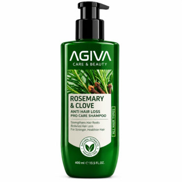Green bottle of AGIVA Rosemary & Clove Anti-Hair-Loss Shampoo with pump dispenser on white background, label shows rosemary, clove, and product claims