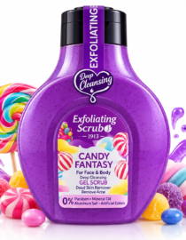 file_0000000026dc820aa6fe8b525e107920 - المول الشامل في الاردن Purple exfoliating scrub bottle labeled 'Candy Fantasy' with candy decorations, promoting deep cleansing for face and body.