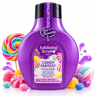 Purple exfoliating scrub bottle labeled 'Candy Fantasy' with candy decorations, promoting deep cleansing for face and body.