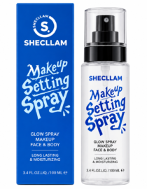 Blue box and clear spray bottle of SHECLLAM Make Up Setting Spray for glow on face and body (100 ml).