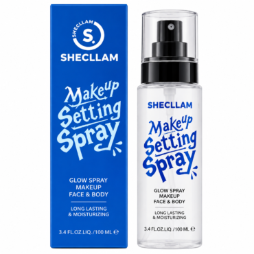 Blue box and clear spray bottle of SHECLLAM Make Up Setting Spray for glow on face and body (100 ml).
