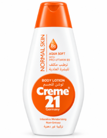 Body lotion bottle labeled Creme 21 with orange cap and orange circle logo saying Germany and BODY LOTION.