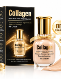 file_00000000473c8210b424f8242fc66937 - المول الشامل في الاردن Collagen BB cream set with black box, gold-cap bottle, and pink-tinted container tied with a gold ribbon.