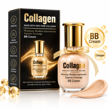 file_00000000473c8210b424f8242fc66937 - المول الشامل في الاردن Collagen BB cream set with black box, gold-cap bottle, and pink-tinted container tied with a gold ribbon.