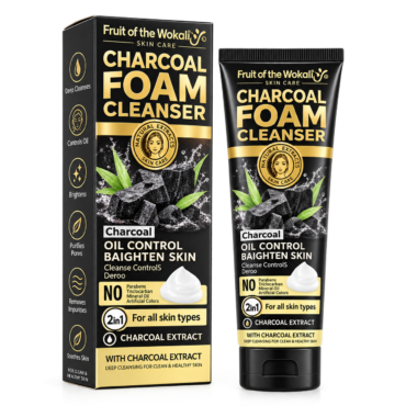 Charcoal Foam Cleanser box and tube from Fruit of the Wokali Skin Care, gold lettering on black, oil-control and brightening skin formula with charcoal extract.