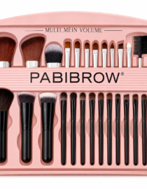 Pink makeup brush set in a tray with a variety of brushes and tools labeled PABIBROW.