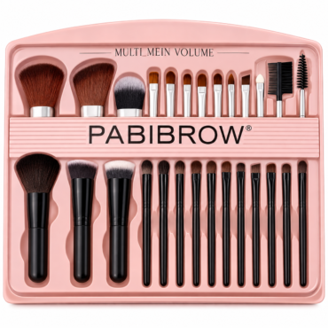 Pink makeup brush set in a tray with a variety of brushes and tools labeled PABIBROW.