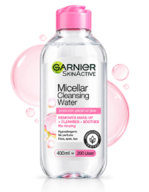 Garnier SkinActive Micellar Cleansing Water bottle with pink cap and label reading Micellar Cleansing Water for sensitive skin