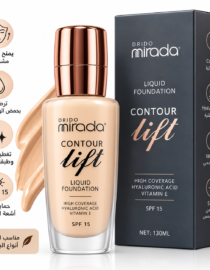 Drido Mirada Contour Lift liquid foundation bottle with rose-gold cap beside its navy box; high-coverage formula with hyaluronic acid and vitamin E, SPF 15.