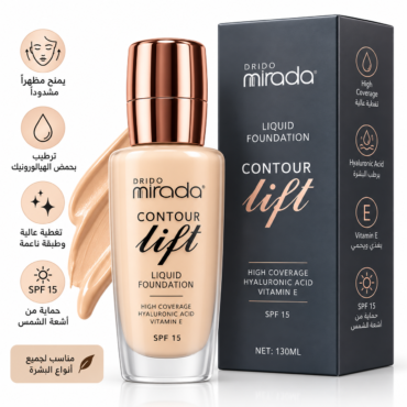Drido Mirada Contour Lift liquid foundation bottle with rose-gold cap beside its navy box; high-coverage formula with hyaluronic acid and vitamin E, SPF 15.