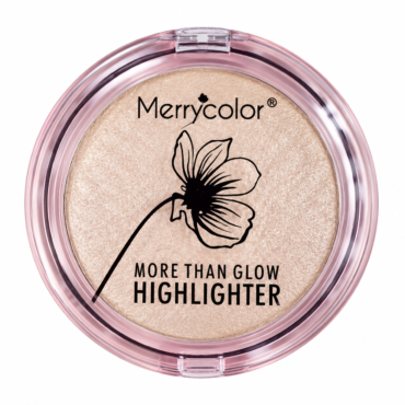 Round pink cosmetic compact containing champagne shimmer highlighter with a black flower graphic and the text 'Merrycolor' and 'MORE THAN GLOW HIGHLIGHTER'