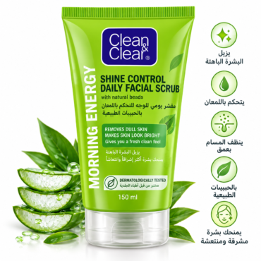Green Clean & Clear Shine Control Daily Facial Scrub tube with natural beads, 150 ml, beside lime wedges and leaves.