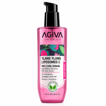 Pink AGIVA Ylang Ylang Liposomed C Pro Care Serum bottle with pump for hair care, floral label visible on a white background, 100 ml