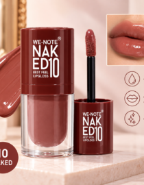 We-Note Naked lip gloss duo in burgundy with wand applicator and a close-up of glossy lips on a beige background