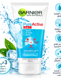 Garnier PureActive 3 in 1 facial cleanser tube with water splash and mint leaves in the foreground.