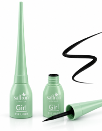 Mint-green Saffron London Girl Eye Liner kit with two bottles, applicator brush, and a bold black eyeliner swoosh on white background.