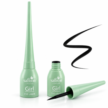 Mint-green Saffron London Girl Eye Liner kit with two bottles, applicator brush, and a bold black eyeliner swoosh on white background.