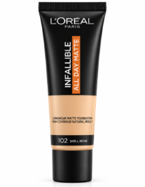 L'Oréal Paris Infallible All Day Matte Foundation tube in shade 102 Shell Beige finishing a longwear matte foundation.