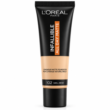 L'Oréal Paris Infallible All Day Matte Foundation tube in shade 102 Shell Beige finishing a longwear matte foundation.