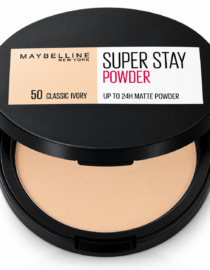Maybelline Super Stay Powder compact in Classic Ivory shade (50), open to show beige powder color and lid label