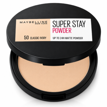 Maybelline Super Stay Powder compact in Classic Ivory shade (50), open to show beige powder color and lid label