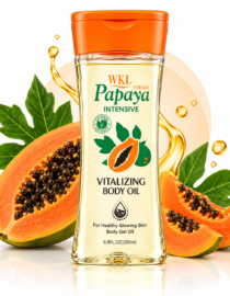 file_00000000a6a081f4875933aae23f6af6 - المول الشامل في الاردن Bottle of Papaya Vitalizing Body Oil with papaya halves and green leaves in a bright studio setting, showcasing the product packaging.