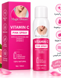 Bright pink box and spray bottle labeled Magic Dream Vitamin C Pink Spray, 100 ml, with citrus imagery and skincare icons on the side.
