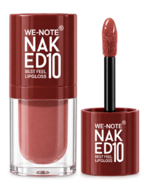 We-Note lip gloss container with applicator wand in a red shade labeled 'NAKED10 Best Feel Lipgloss'