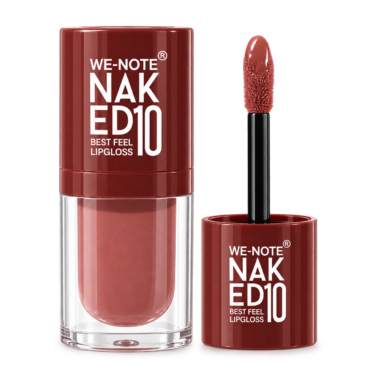We-Note lip gloss container with applicator wand in a red shade labeled 'NAKED10 Best Feel Lipgloss'