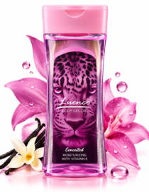 file_00000000bd188210b0e8a3679cc45352 - المول الشامل في الاردن Pink Luenco body gel oil bottle with a leopard-face label, set against pink flowers and water droplets for a moisturizing look.
