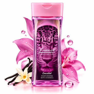 Pink Luenco body gel oil bottle with a leopard-face label, set against pink flowers and water droplets for a moisturizing look.