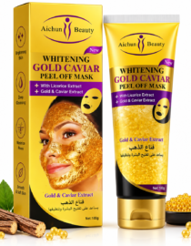 Whitening Gold Caviar Peel Off Mask product box and tube by Aichun Beauty, with gold color packaging and PRO list of extracts shown alongside a mask illustration and gold beads.