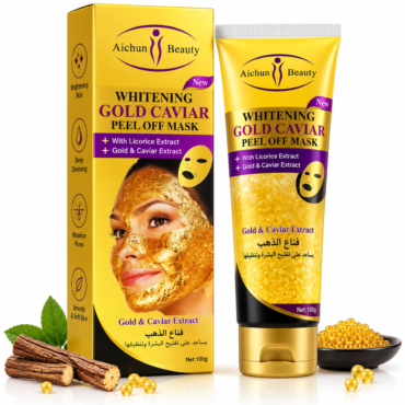 Whitening Gold Caviar Peel Off Mask product box and tube by Aichun Beauty, with gold color packaging and PRO list of extracts shown alongside a mask illustration and gold beads.