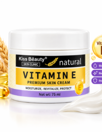 Vitamin E skin cream jar labeled Kiss Beauty Natural, surrounded by oil capsules and wheat stalks, with 75 ml net weight and moisturizing benefits mentioned