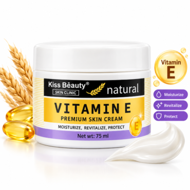 file_00000000d76482438a302f5ee4837aac - المول الشامل في الاردن Vitamin E skin cream jar labeled Kiss Beauty Natural, surrounded by oil capsules and wheat stalks, with 75 ml net weight and moisturizing benefits mentioned
