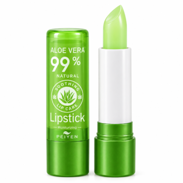 Green aloe vera lipstick tube with 99% natural soothing lip care branding; cap off revealing light-green lipstick.