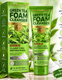 Green Tea Foam Cleanser packaging with 3-in-1 claims, highlighting cleansing, refreshing skin, and natural extracts.