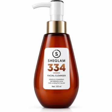 Facial cleanser bottle with white pump and gold collar, labeled Sheglam 334, 120 ml