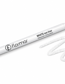 White Flormar eye liner pen on white background with a white swatch beside it.