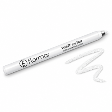 White Flormar eye liner pen on white background with a white swatch beside it.